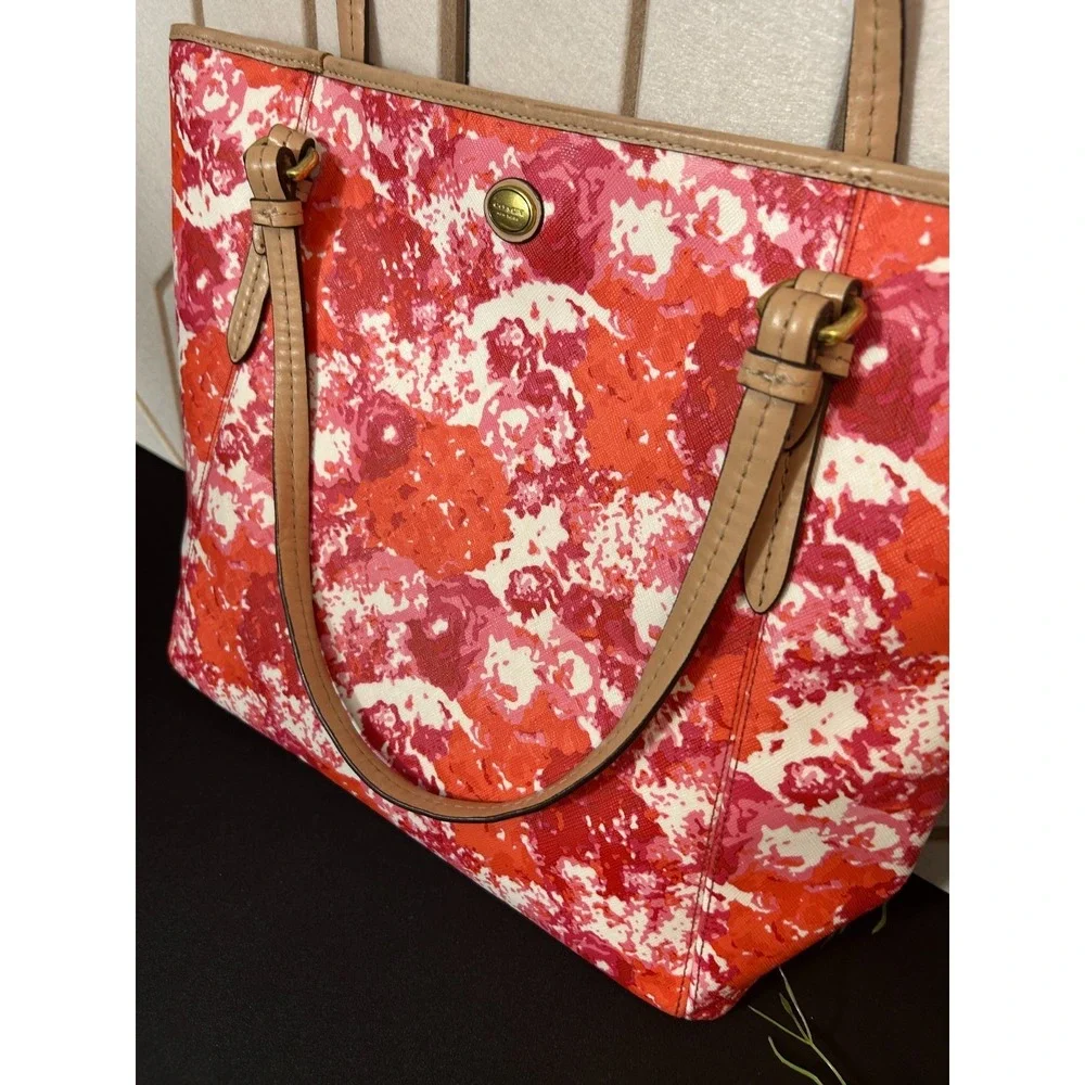 Coach Peyton Floral Print Top Handle Tote Bag Pink‎ Orange White Leather Bag